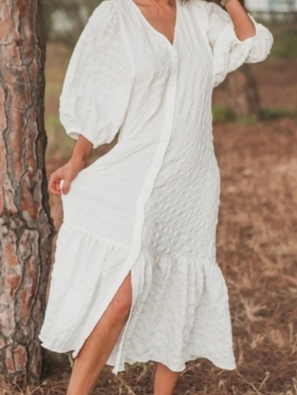 ZARA White Textured Balloon Puff Sleeve Button Down Midi Dress Large