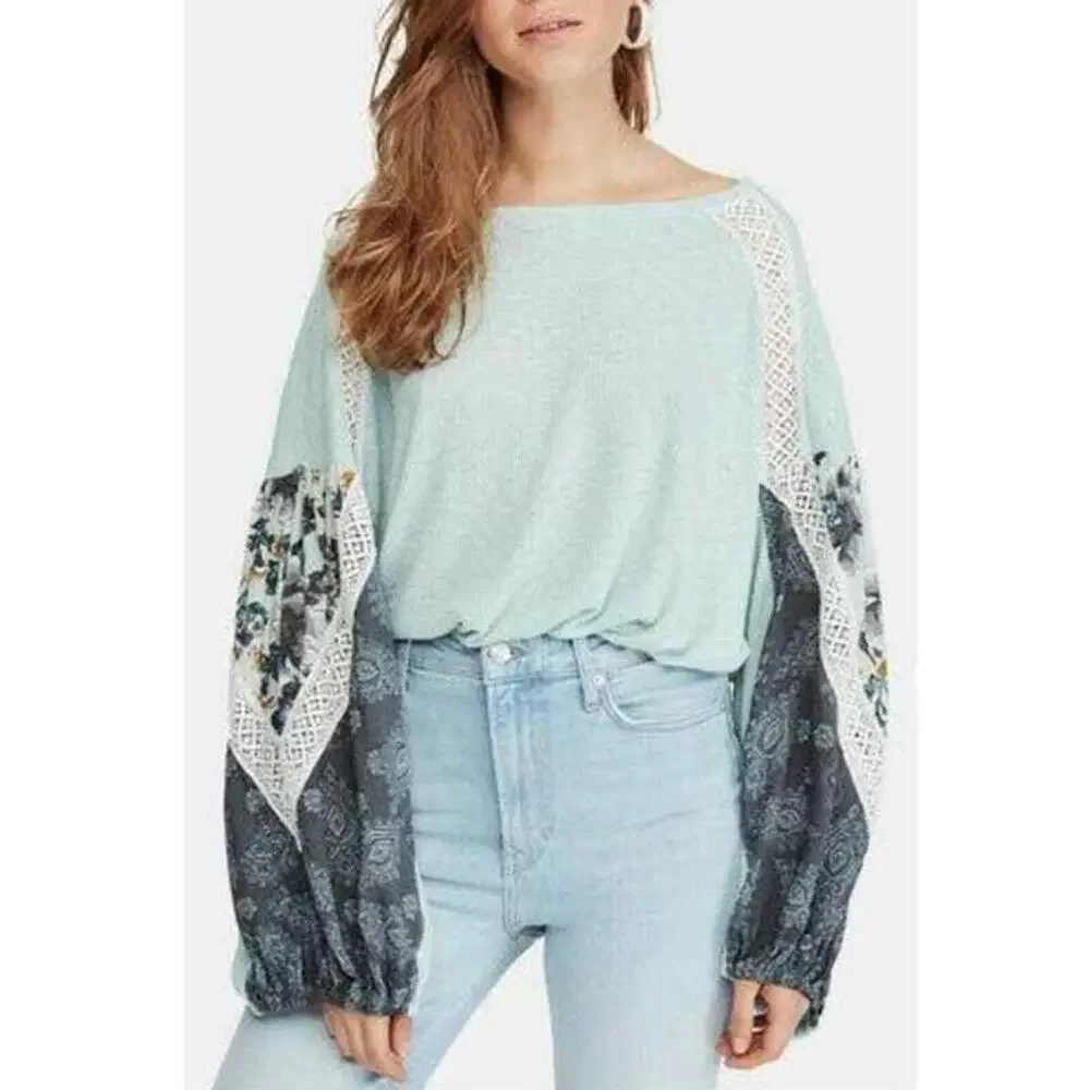 FREE PEOPLE Mint Blue Floral Printed Lace Trim Knit Pullover Shirt Top Boho XS