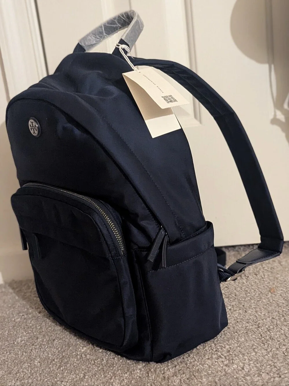 *BRAND NEW*Tory Burch Navy Nylon Logo Backpack with Gold-Tone Emblem