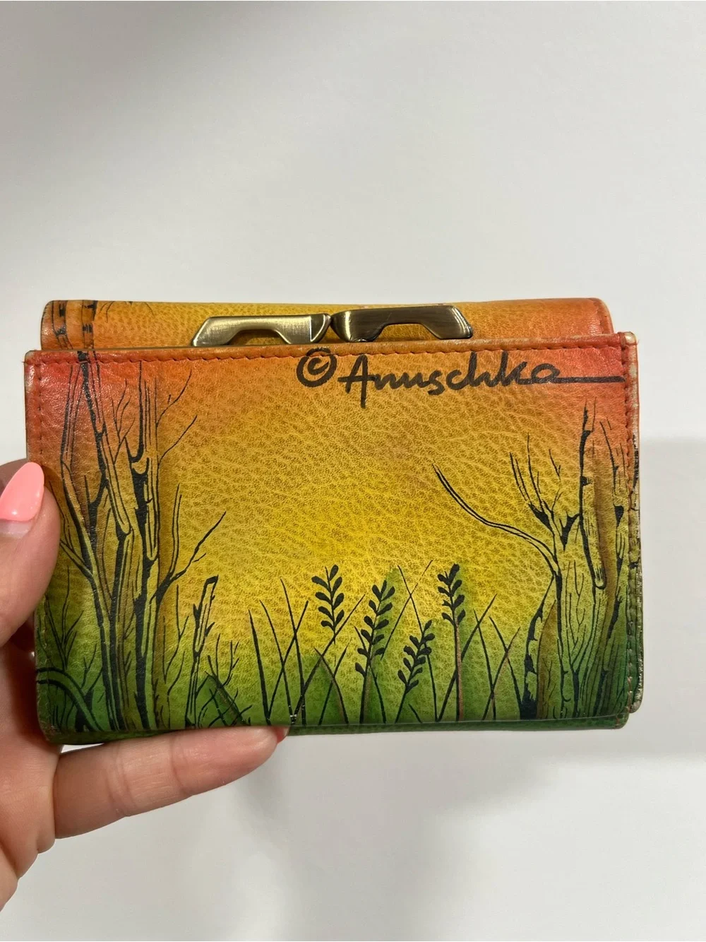 Anuschka Hand-Painted Leather Wallet - Yellow, Orange, Green NEW