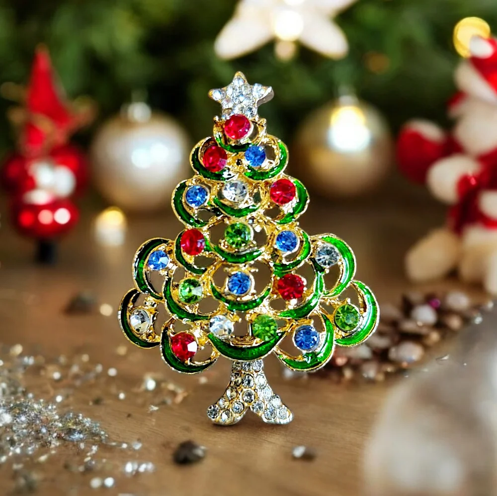 Enamel and Rhinestone  Christmas Tree Brooch *Christmas In July*