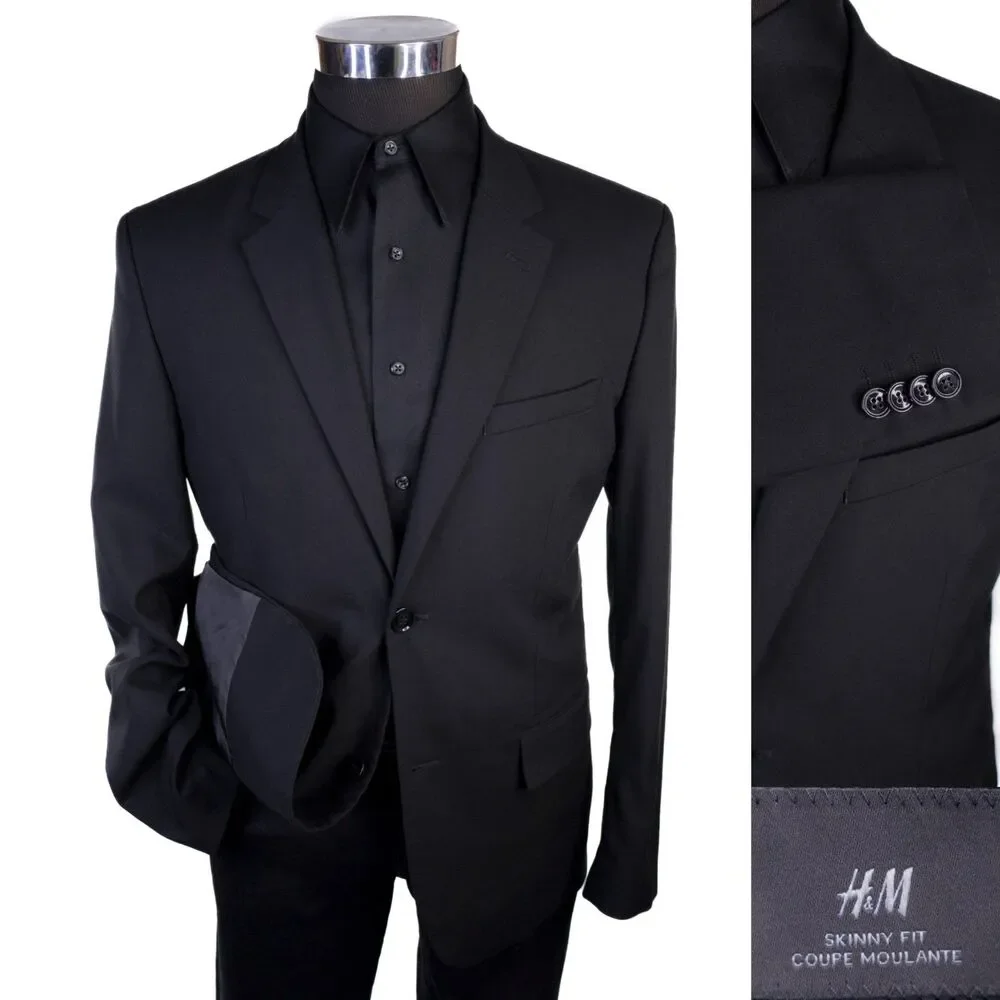 H&M Mens Blazer Jacket Size 42R Skinny Fit Black Sport Coat Two Button Poly