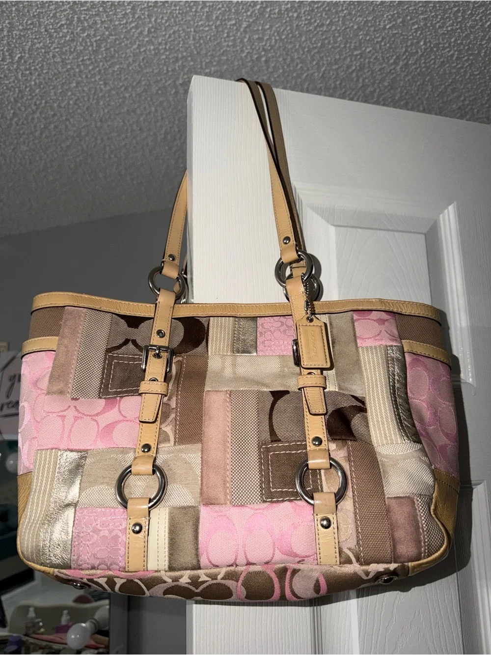 Coach Pink and Brown Patchwork Leather-Trim Tote