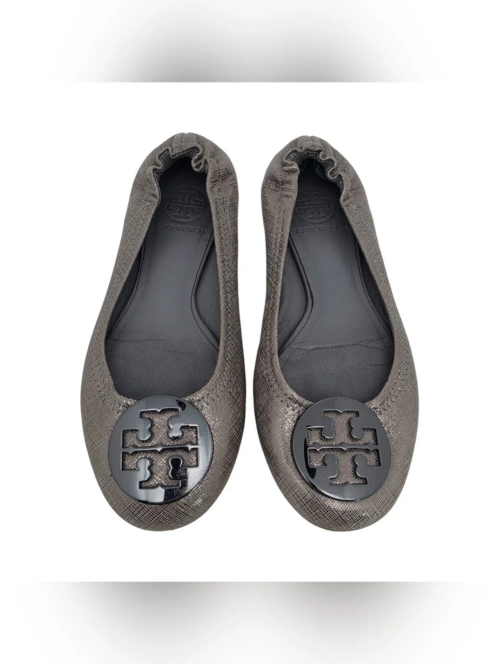 Tory Burch Reva Ballet Flats Pewter Metallic Textured Leather Size 5.5