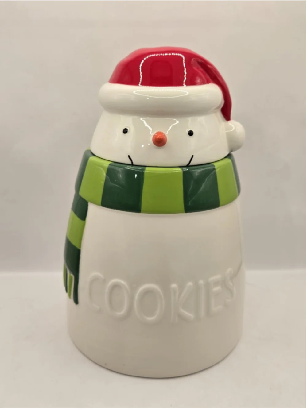 Hallmark Christmas Snowman Ceramic Cookie Jar Red Santa Hat Green Scarf 9