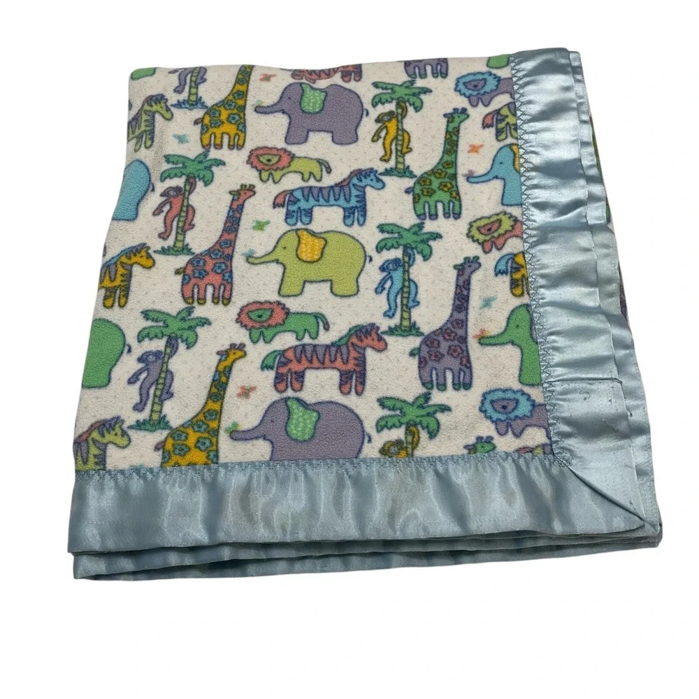 Vintage Blanket‎ Baby Boy Blue Animal Print Satin Trim Zoo Monkey Elephant Lion