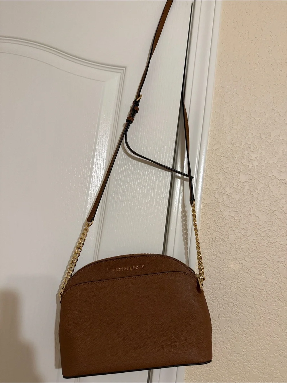 Michael Kors Cognac Leather Dome Crossbody with Gold Chain