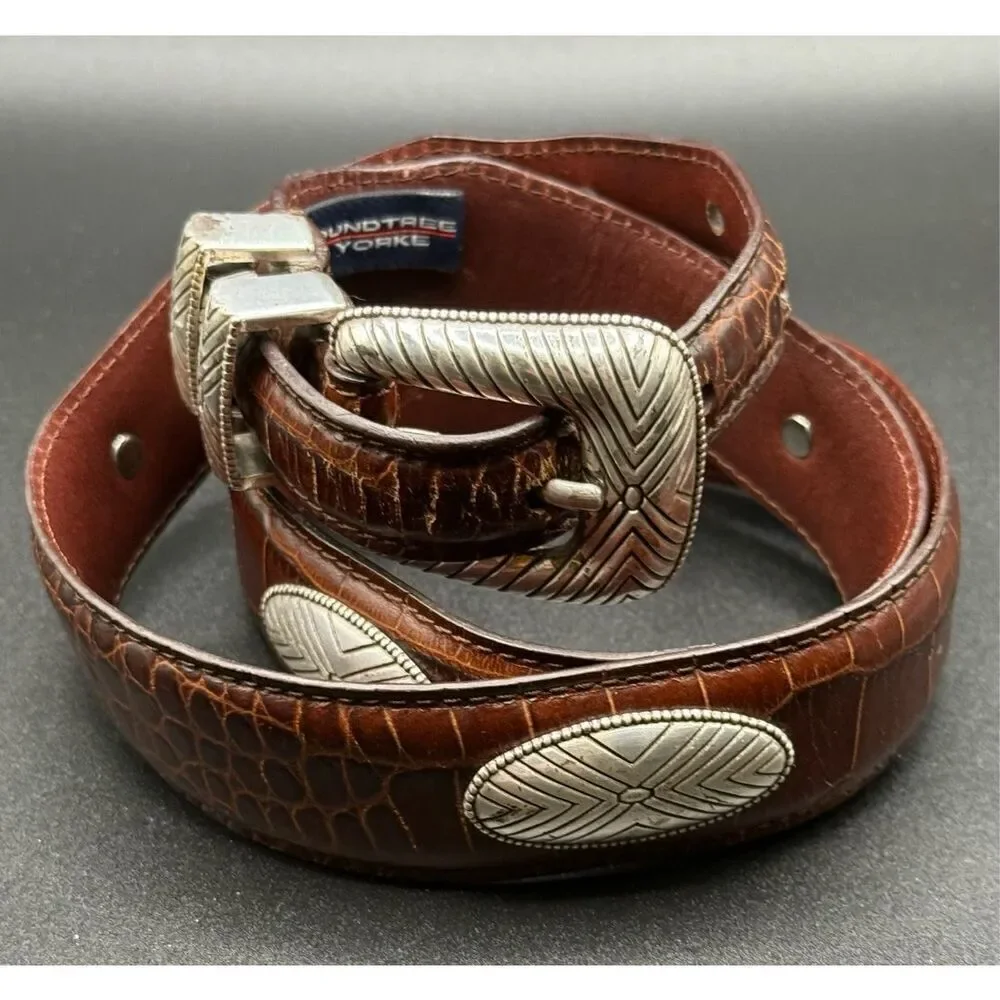 Brown Leather Concho Men’s Belt W/Silver Buckle  Roundtree & Yorke 32