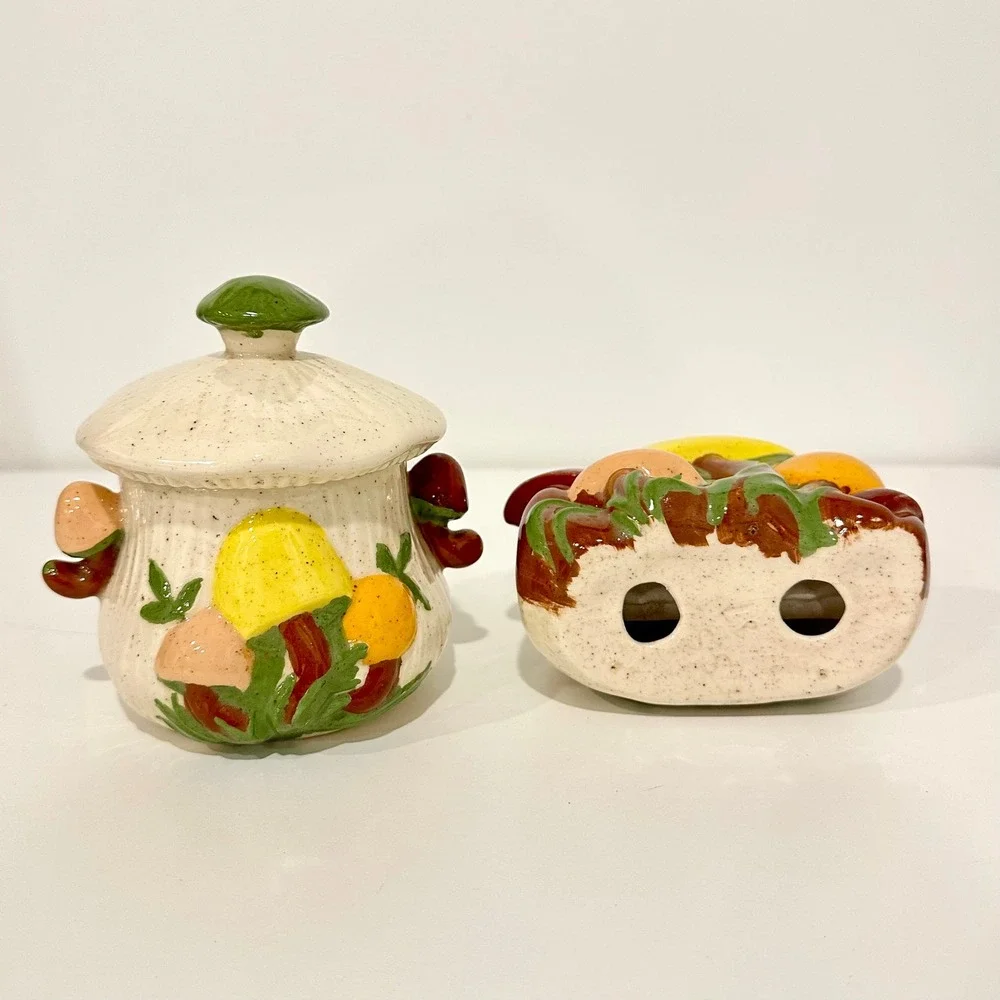Vintage Ceramic Mushroom Sugar Bowl and Napkin Holder Set Retro Kitchen Decor‎