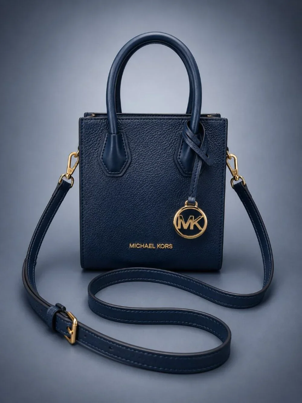 MICHAEL KORS Navy Pebbled Leather Mini Crossbody Satchel Tote Bag Gold Hardware