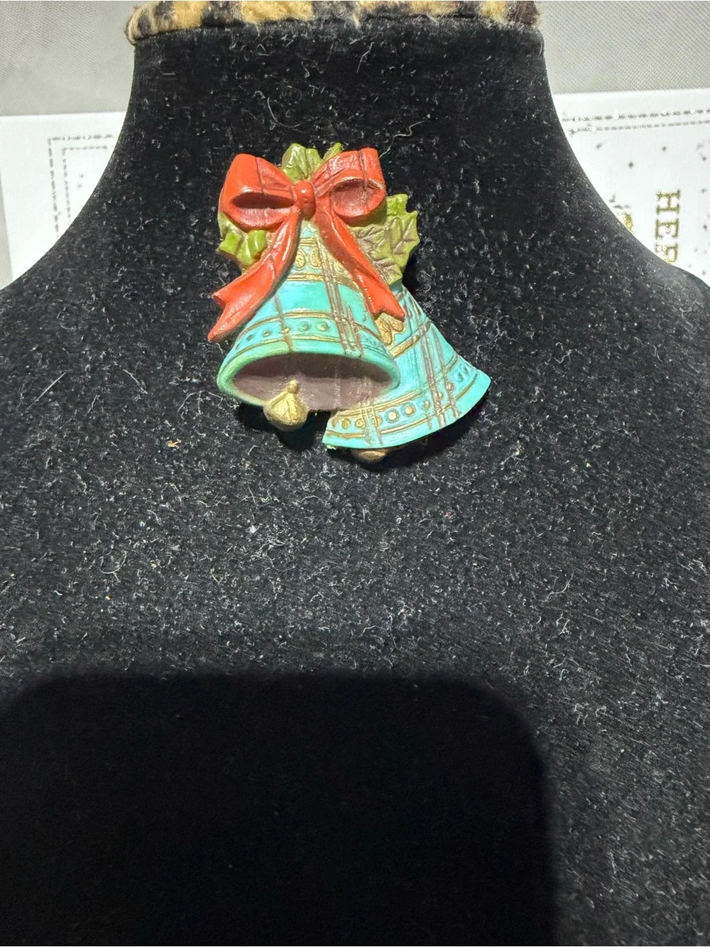 Vintage Festive Bell Brooch with Red Bow
