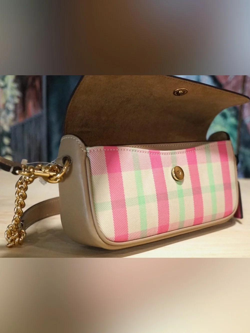 Coach Hailey Flap Crossbody Bag Plaid Print Pink Pastels Purse Gold Chain NWOT
