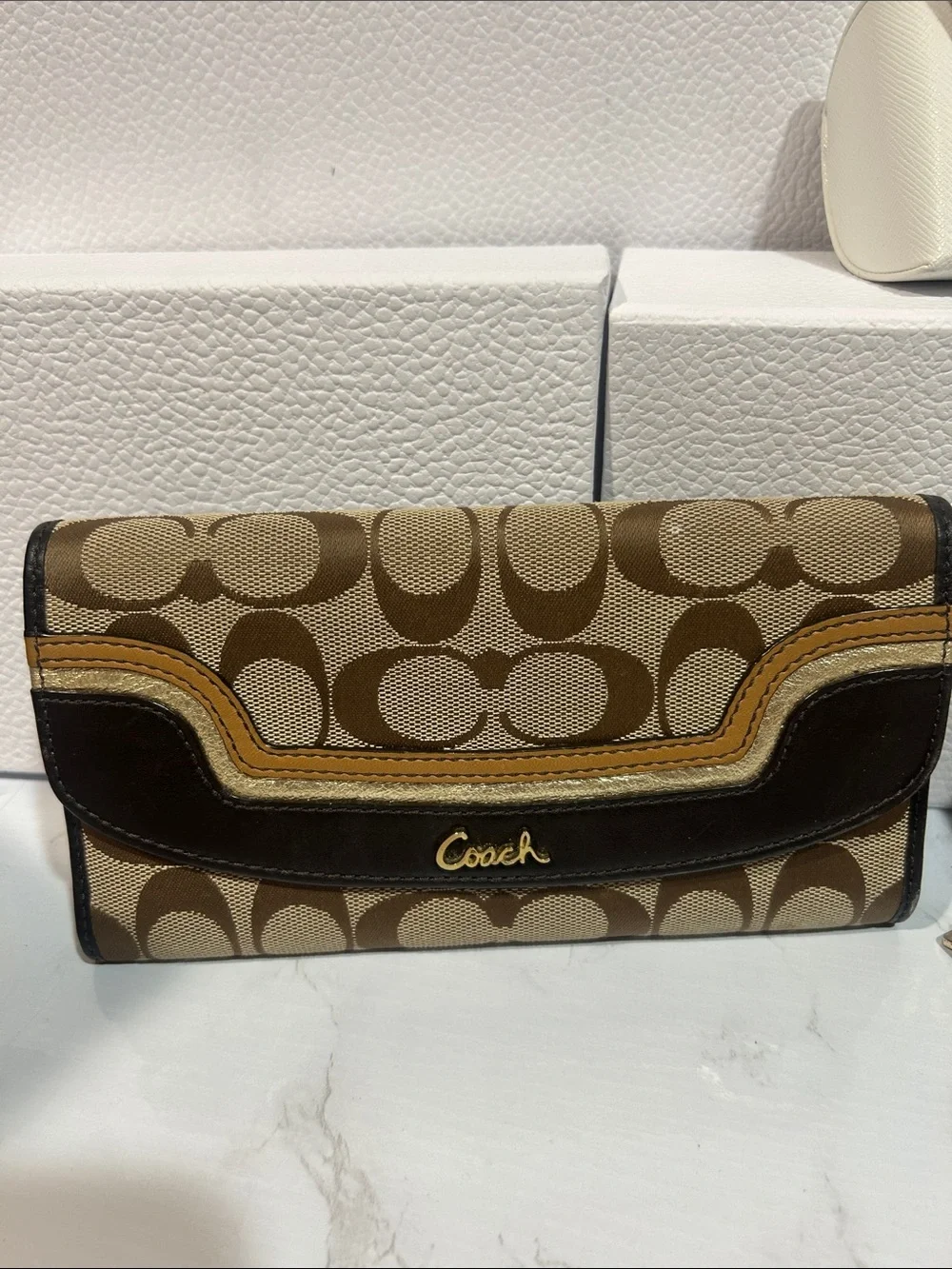 Coach Signature Canvas Trifold Wallet in Brown and Tan