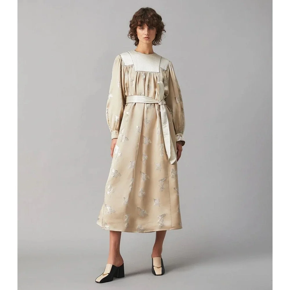 Tory Burch‎ Mushroom Lurex Satin Gown Womens M Champagne Jacquard dress luxury