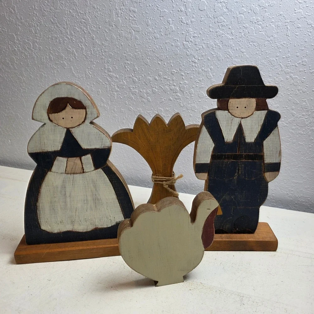 Vintage‎ Primitive Wooden Thanksgiving Pilgrim Turkey Wheat Set 4pc Farmhouse