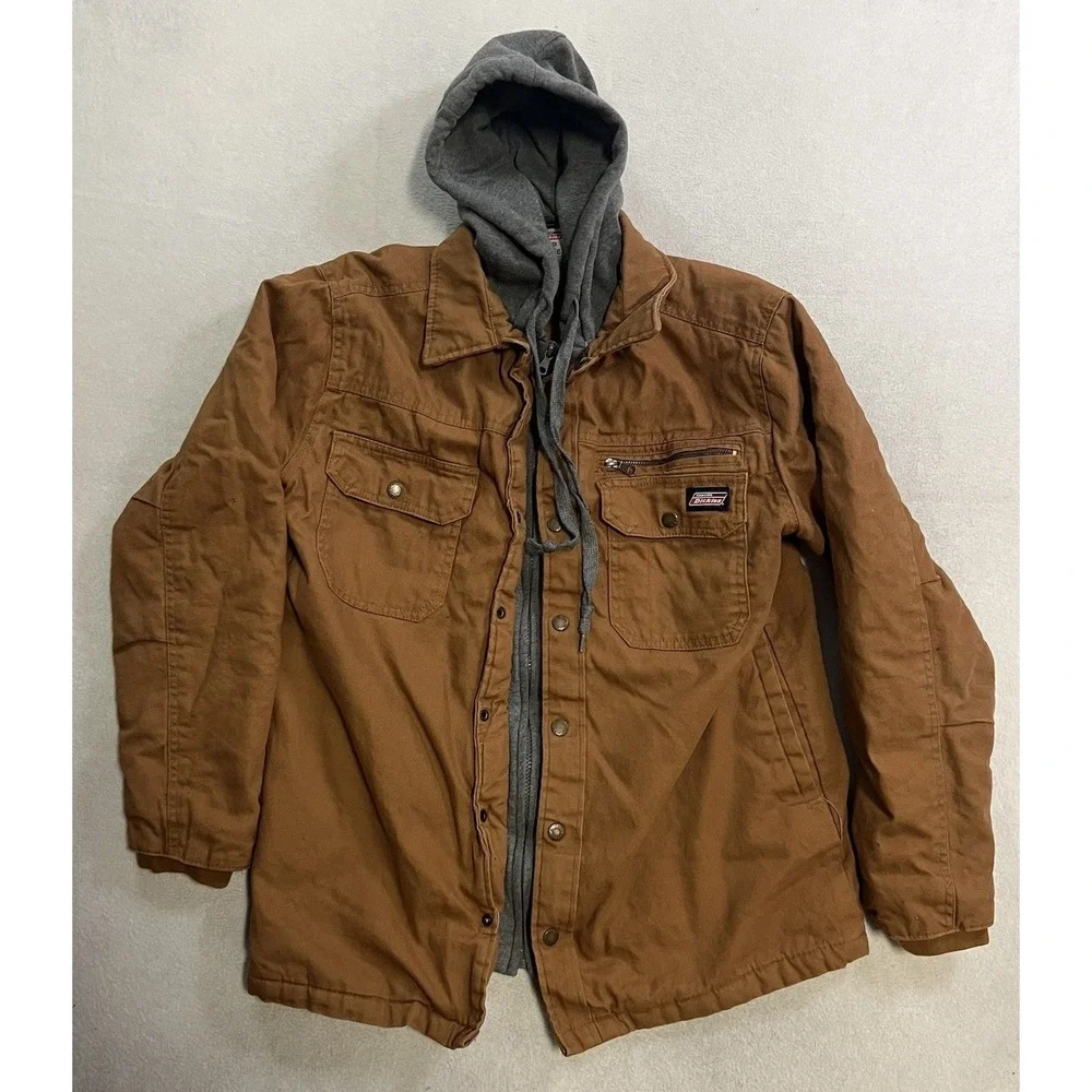 Dickies Camo Duck Hooded Shirt Jacket Mens Small Brown Canvas Full Zip Insulated