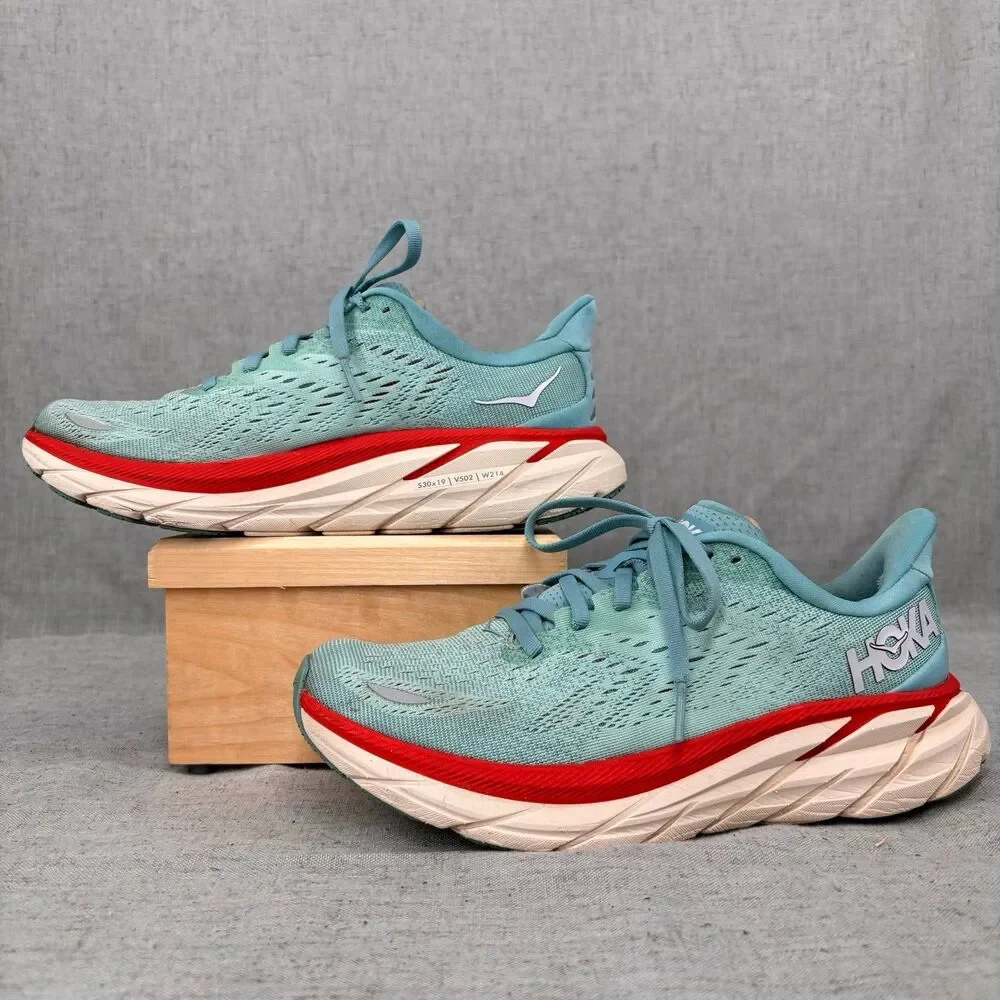 Hoka One One Clifton 8 Shoes Blue &‎ Red Mesh Running Lace Up Women's 7