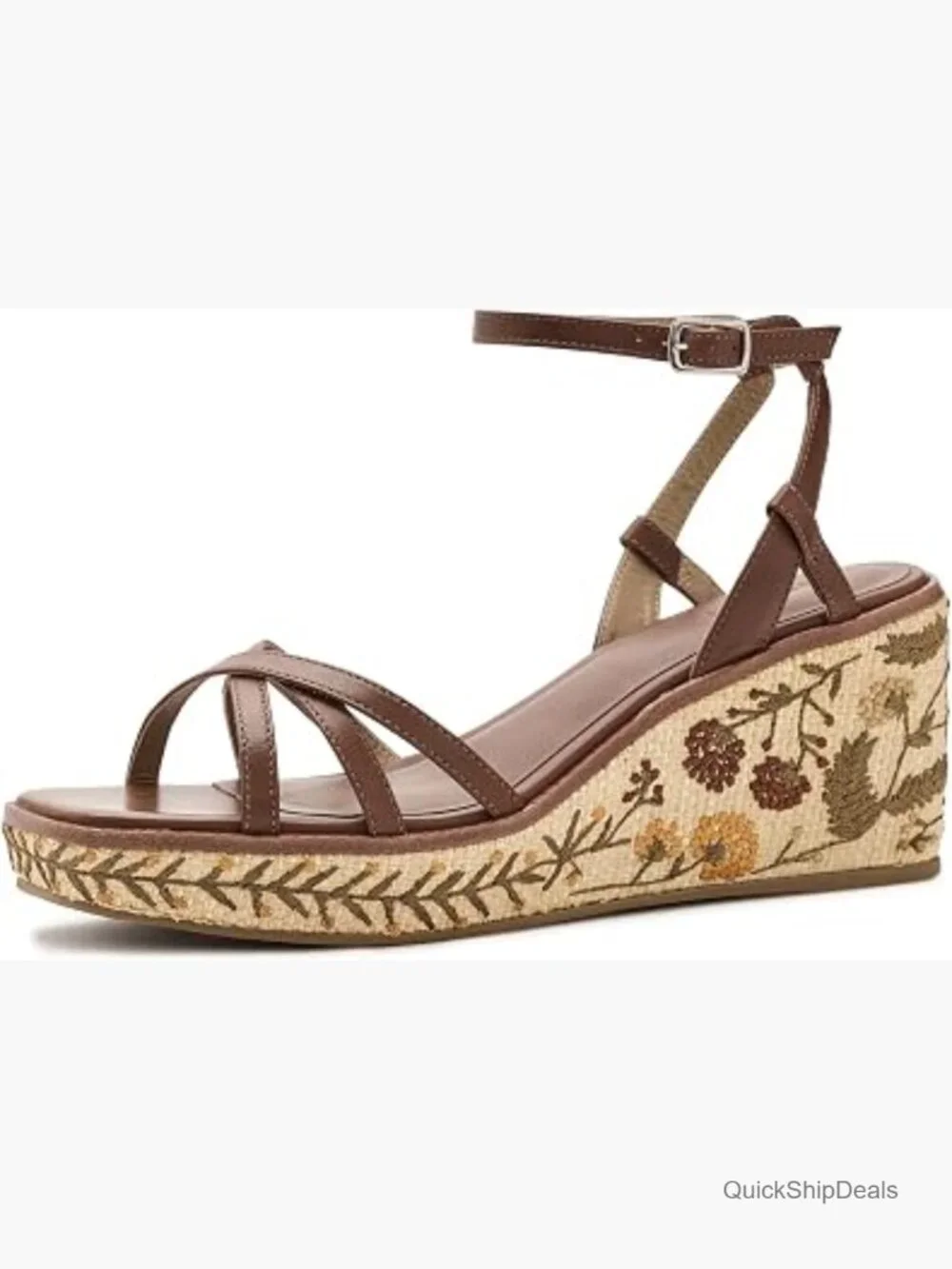 Hand-Embroidered Raffia Wedge Sandals with Leather Straps