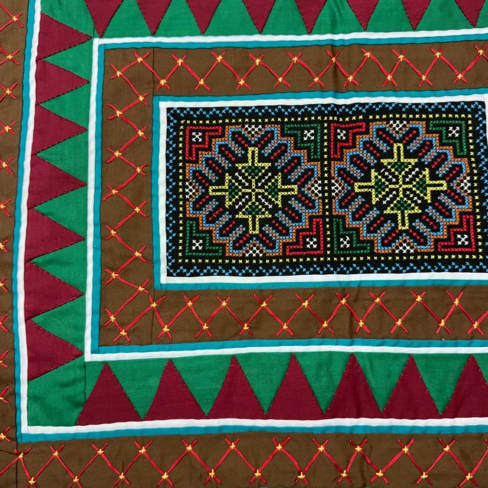 Hmong Paj Ntaub Hand Embroidered Textile Art Story Cloth Green Burgundy 23x18