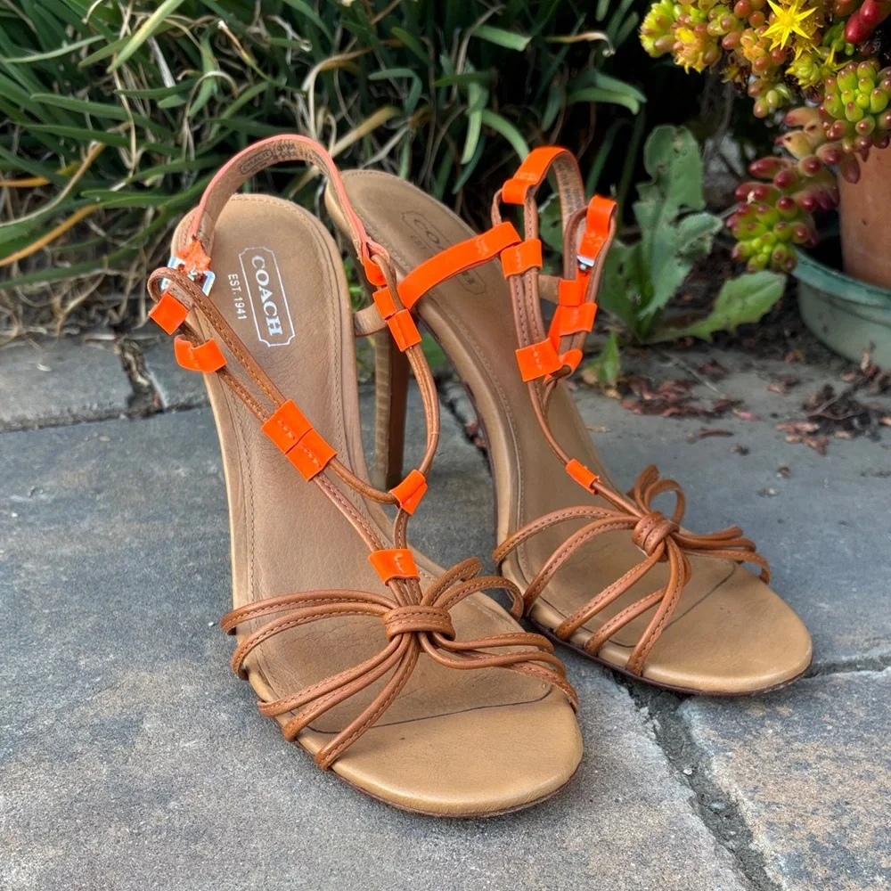 Coach Women's Lana Leather Tan and Orange Strappy Heels‎