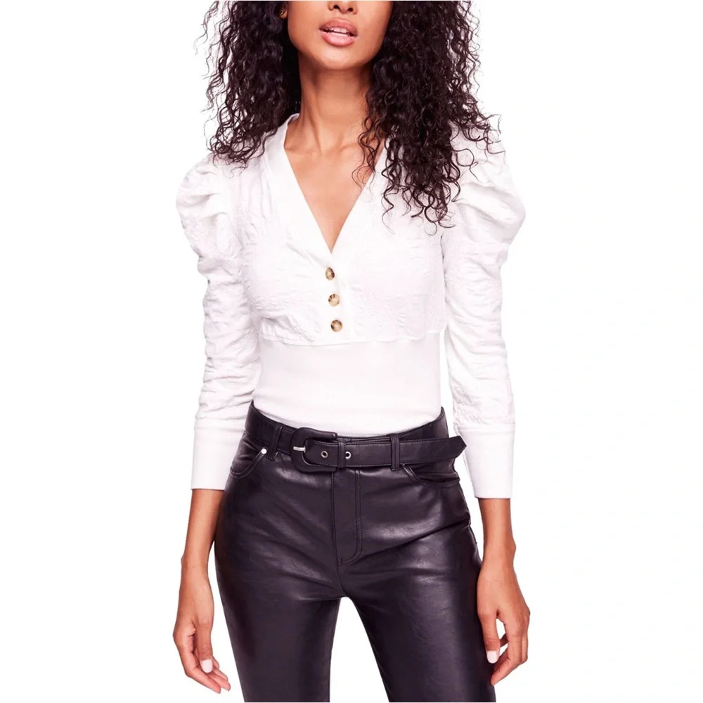 FREE PEOPLE Gemma Puffed-Sleeve Henley‎ Top
