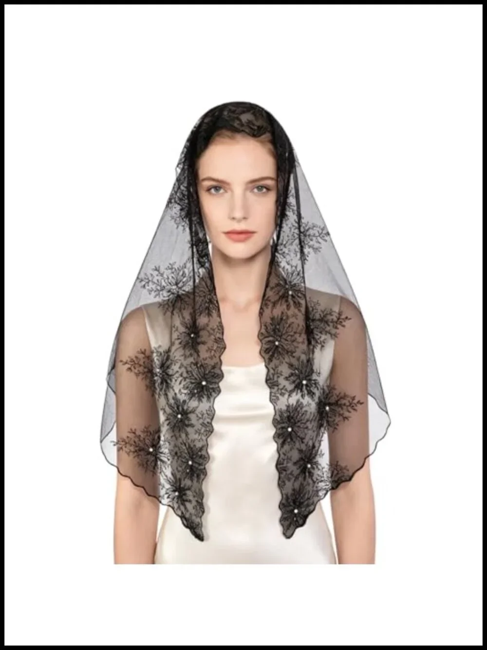 Long Lace Pearl Veil Scarf Wrap Shawl for Church Wedding Prayer