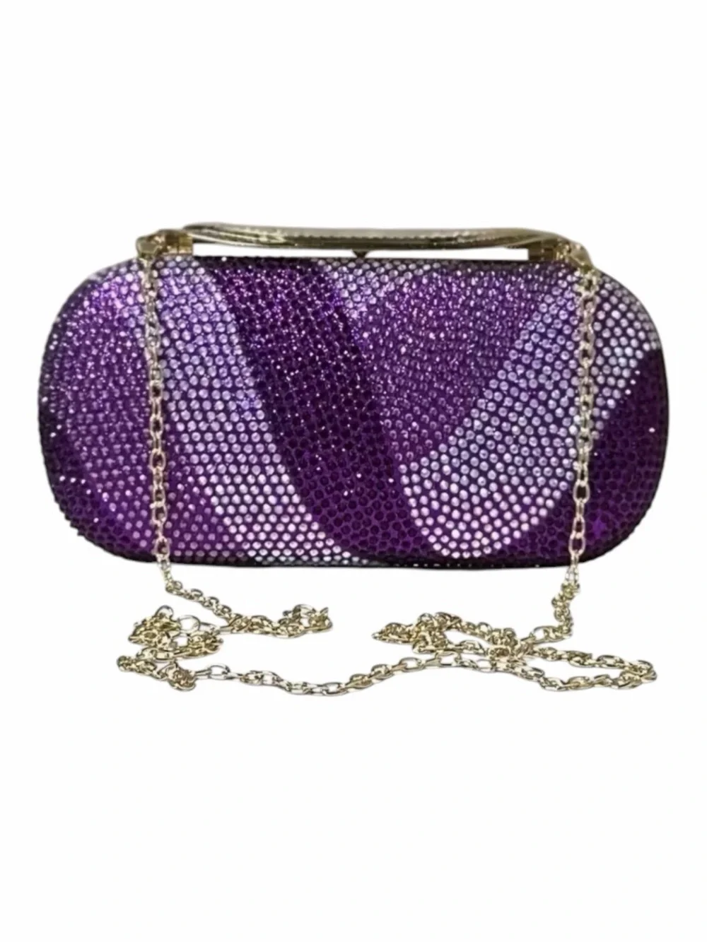 Elegant Purple Crystal Evening Clutch with Gold Chain New Without Tags