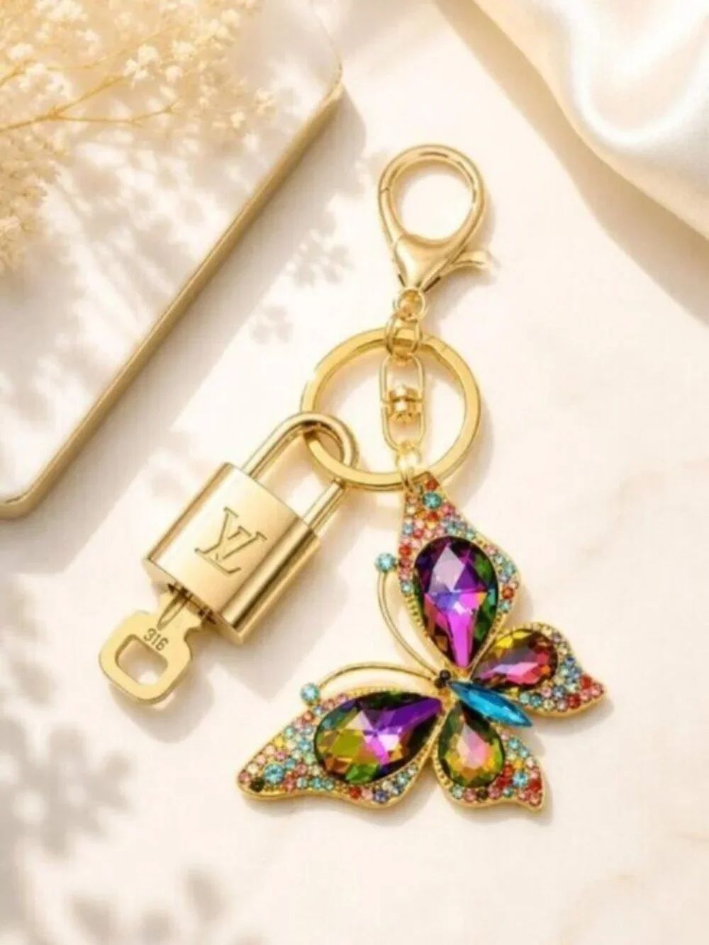 LV Gold Padlock & Key 🔒 Authentic Louis Vuitton Bag Unbranded Butterfly Charm