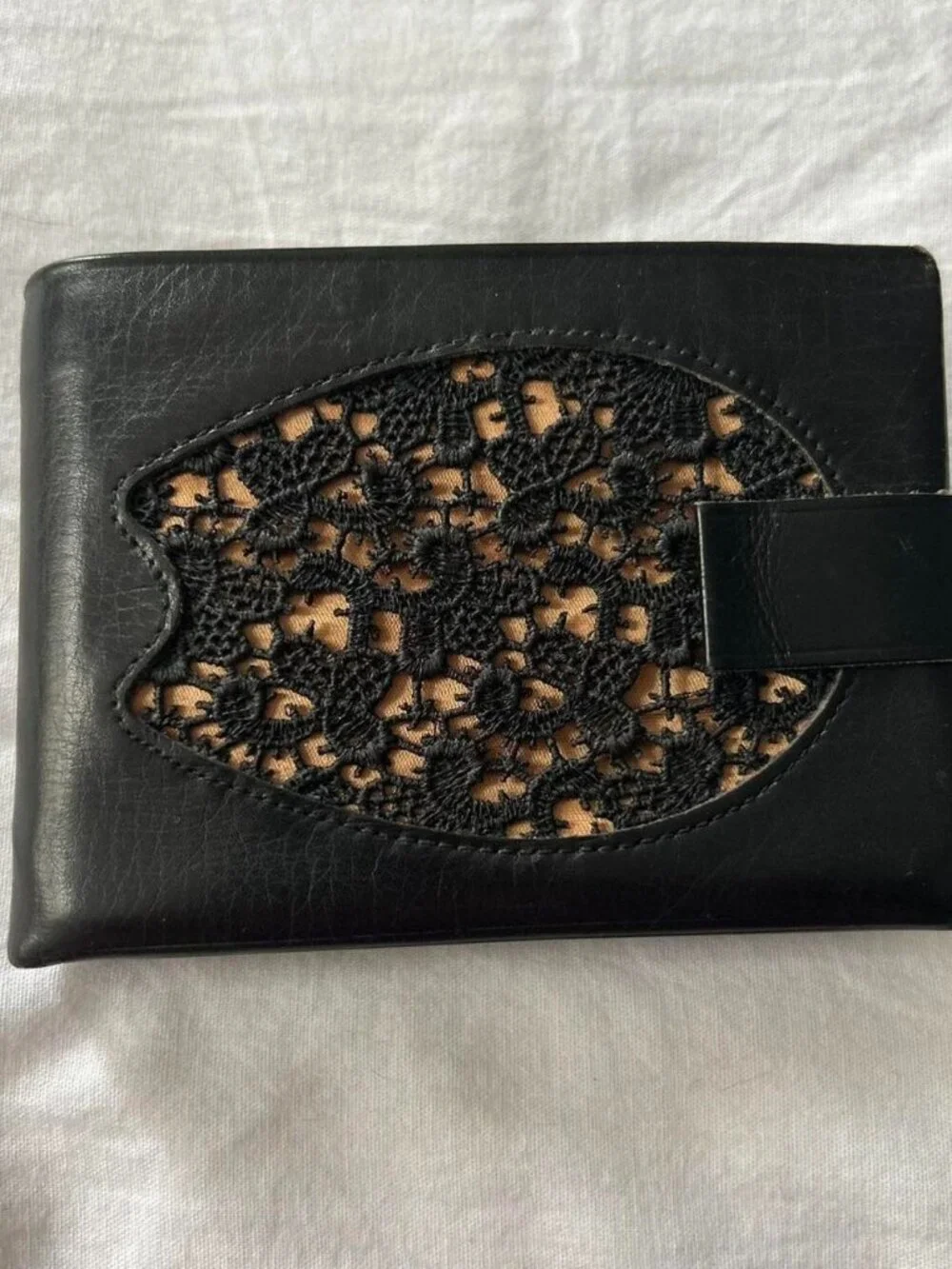 Vintage Buxton Black Leather Card Holder with Lace Detailing