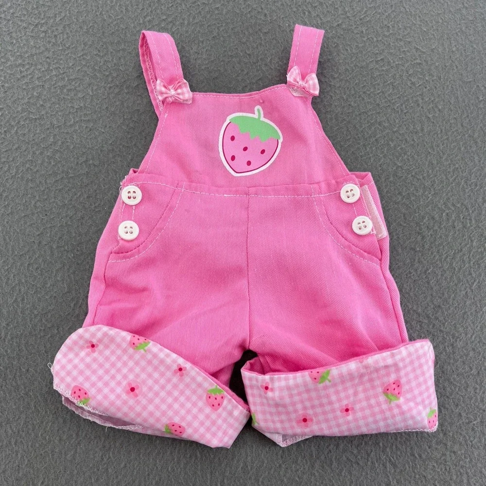 Strawberry Pink Twill Doll Overalls Gingham Trim 15-18 Inch Doll Clothes Romper