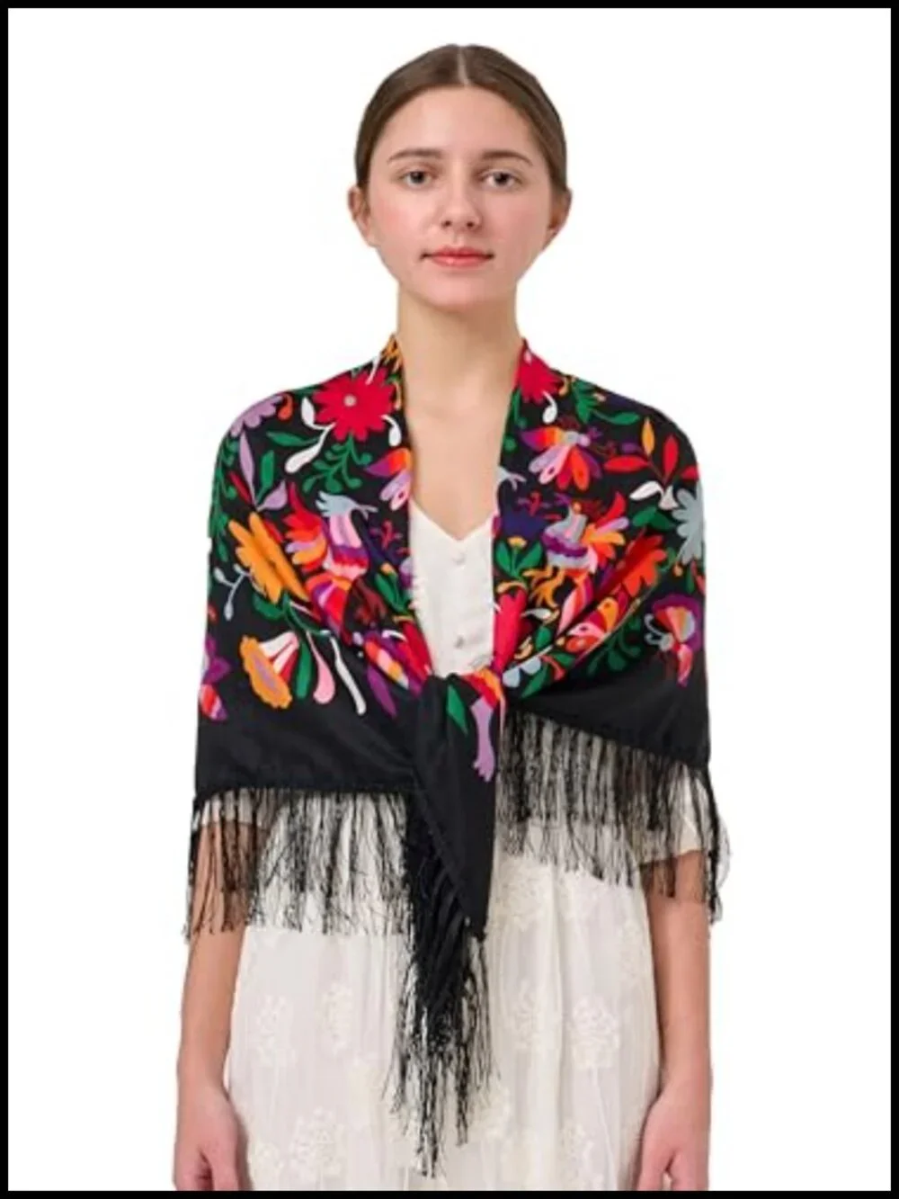 Traditional Mexican Shawl Scarf Wrap with Tassel Fringes - Cotton Blend