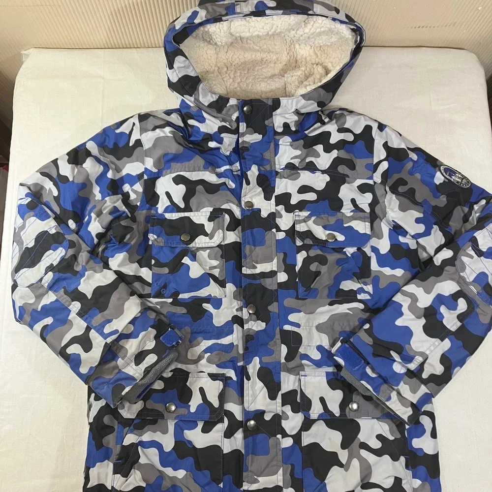 Lands End Boys Blue Camo Down Parka Jacket Sherpa Lined Hood Size L 14-16