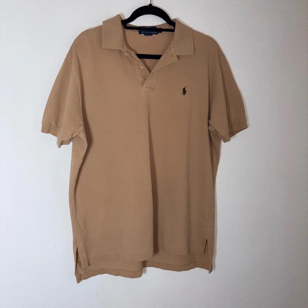 Polo Ralph Lauren Polo Shirt Large Tan Pique Cotton Short Sleeve Logo biw pony