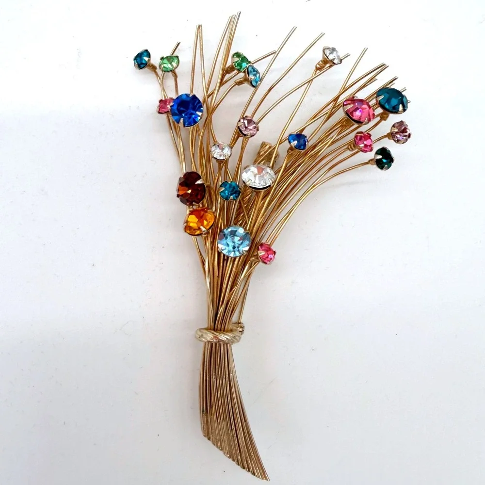 Vintage 1960s Rhinestone‎ Spray Brooch Multicolor Gold Tone Mid Century