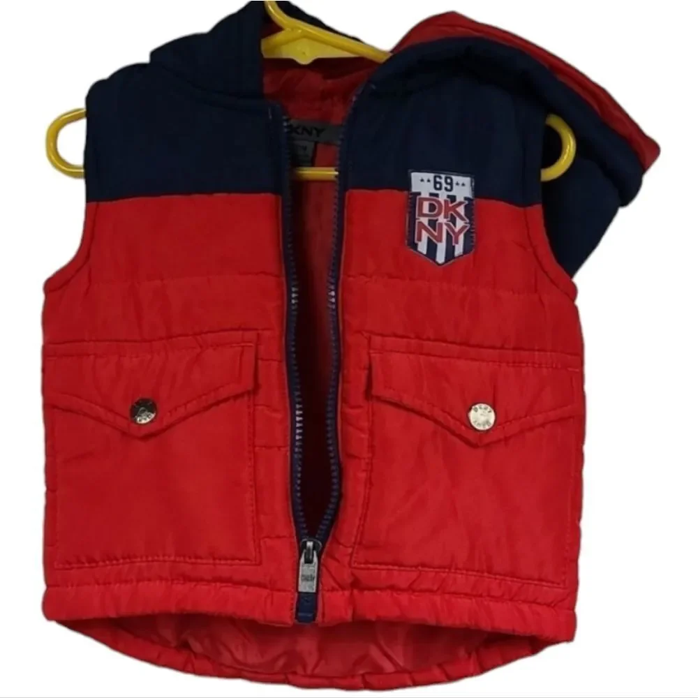 DKNY Red & Blue Winter Vest Hoodie Puffer Jacket Boys 12M Sleeveless Coat Baby