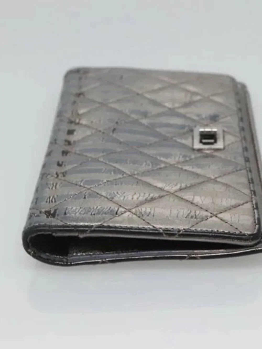 CHANEL 2.55 Matelasse Long Wallet Leather Silver CC Auth bs25537