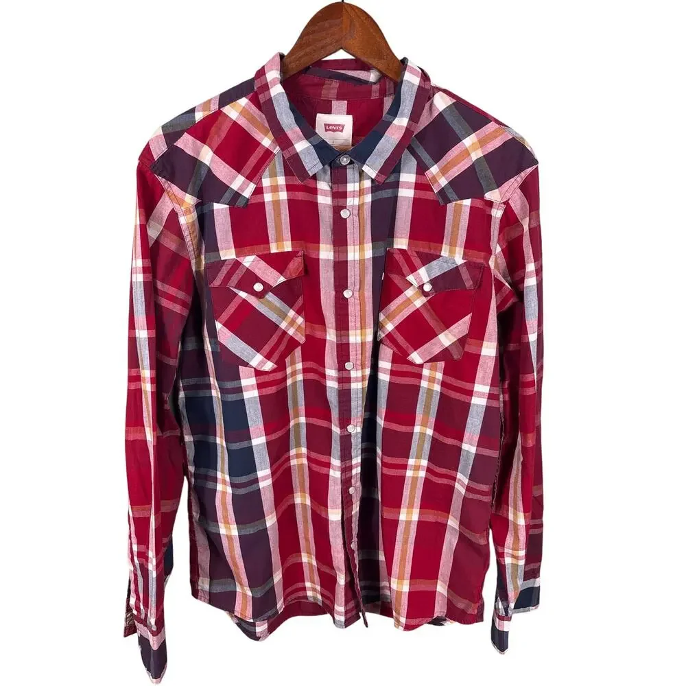 Levi's Long Sleeves Shirt Men's Size Large‎ Red Blue Plaid Pockets Western Cut