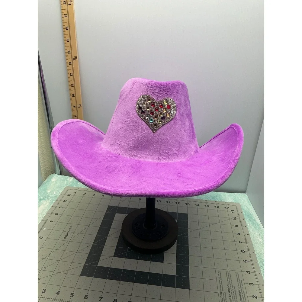 Purple Fuzzy Velvet Cowboy Hat Rhinestone Heart Star Embellished‎ Western Glam