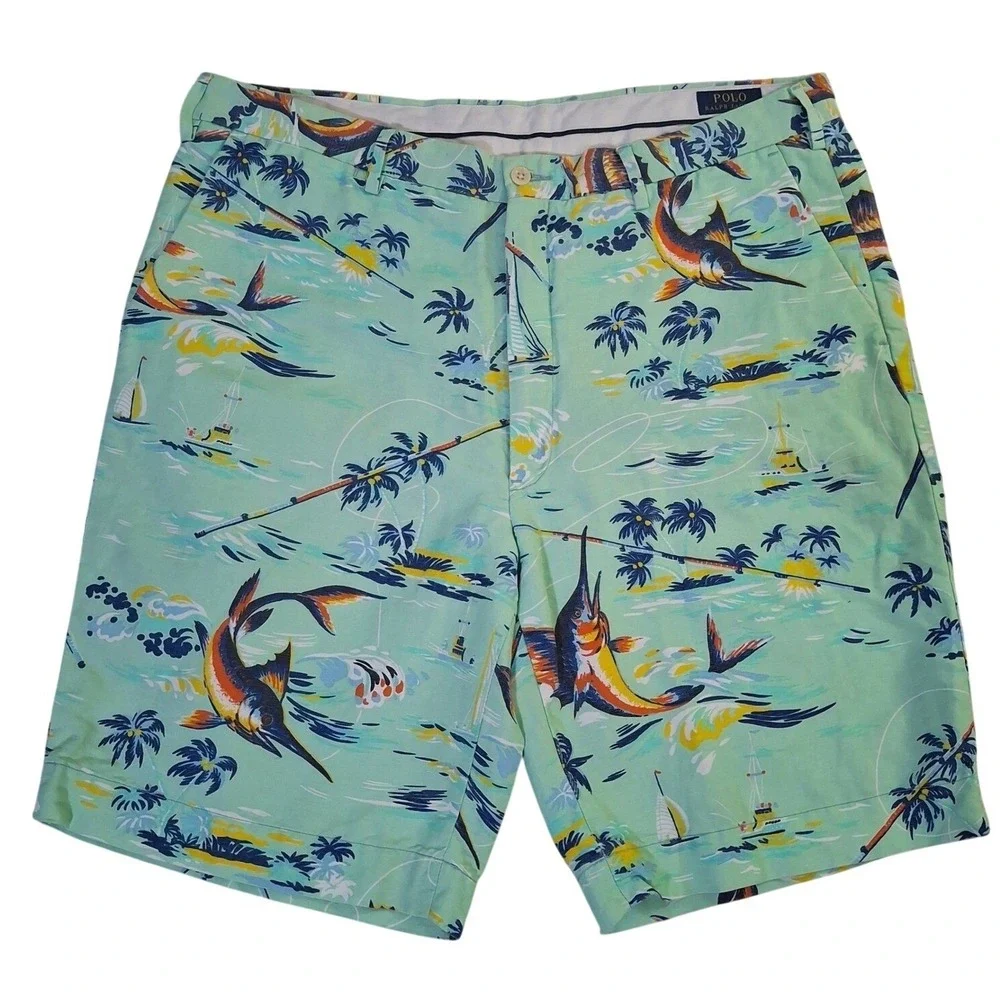 Polo Ralph Lauren Classic Fit Shorts Mens 40 Linen Blend Fishing Tropical Green