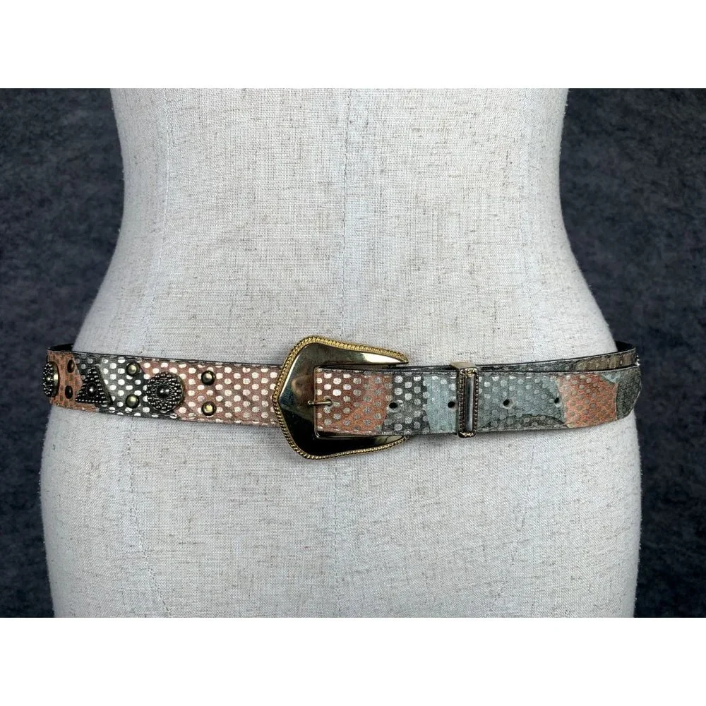 Vintage Elite Womens Belt Large Metallic‎ Medallion Gold Buckle Retro 80s 90s