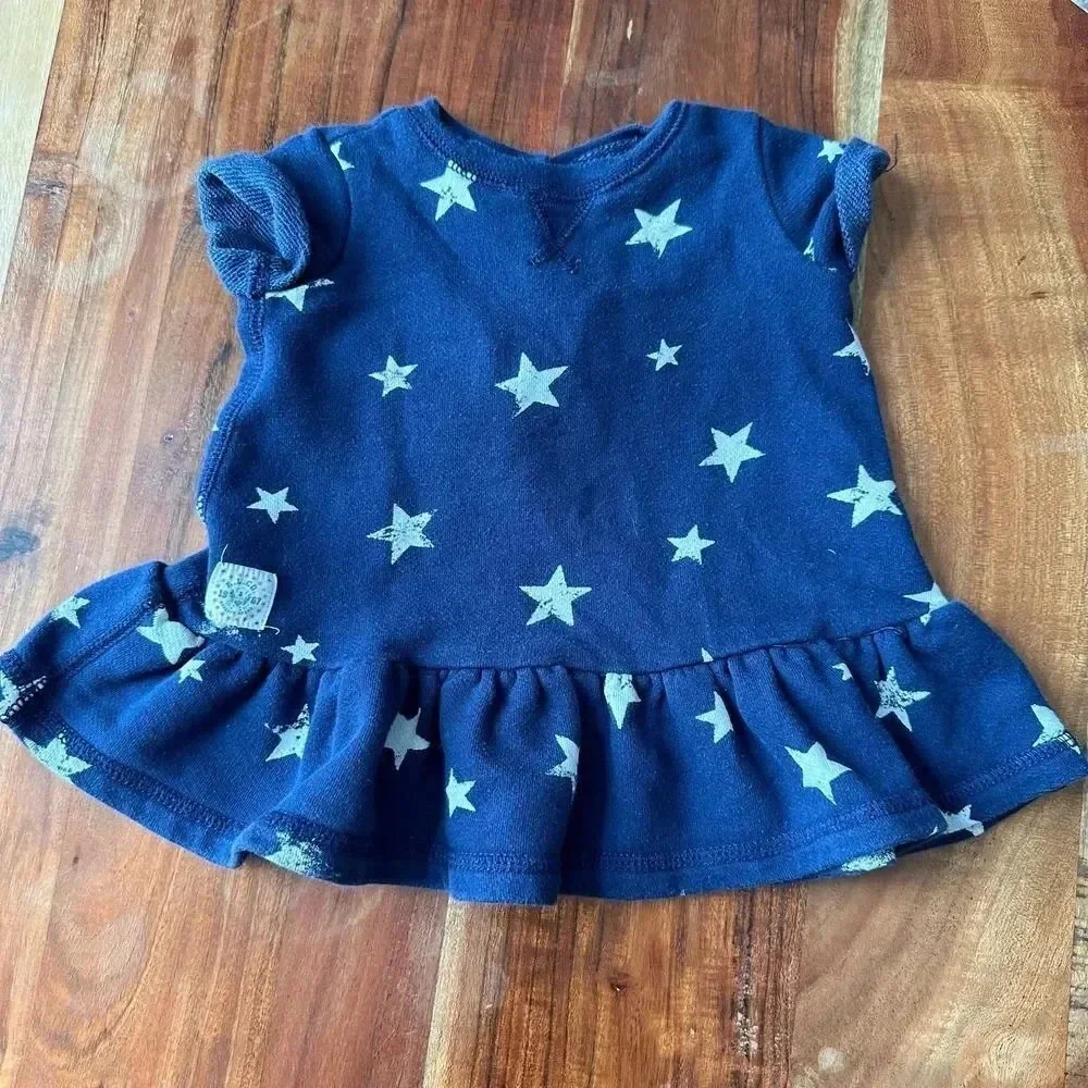 RALPH LAUREN Baby Girl 3M Navy White Star Print Dress Ruffle‎ Hem