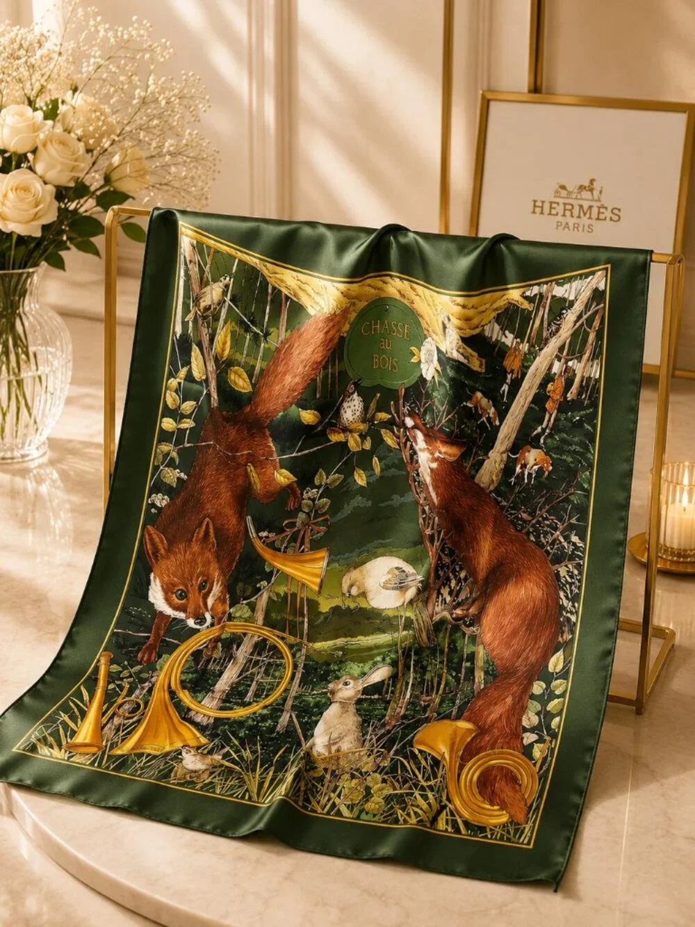 Authentic Hermès Chasse au Bois Carré 90 Silk Scarf Green Hunting Print Made in