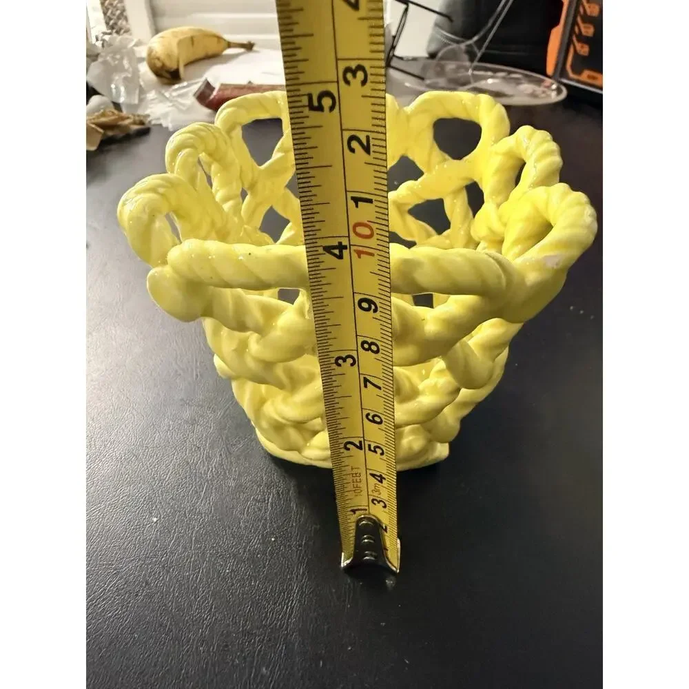 Vintage Made in Spain Yellow Woven Basket Ceramic Planter Cachepot Mid Century