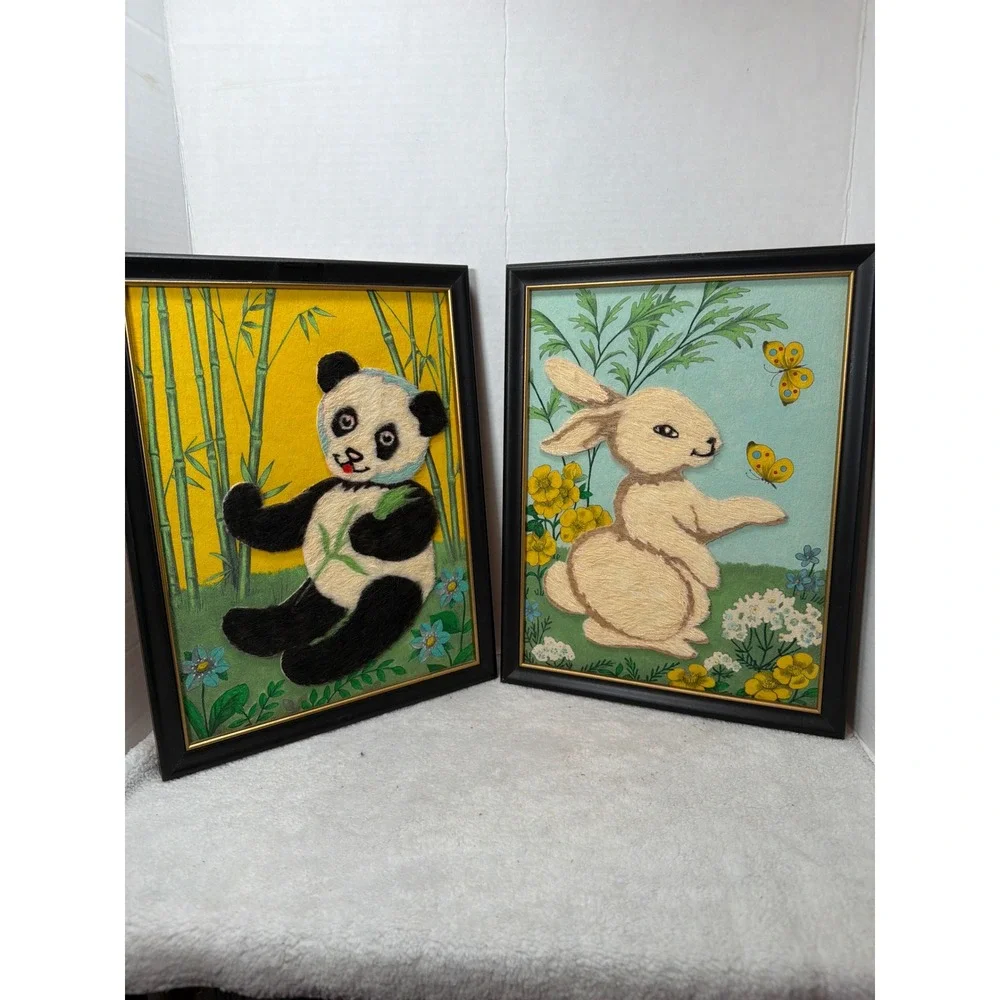 Vintage 60s Handmade Fuzzy Wall Art Kids 10x13 3D Fiber Panda Bunny Set of 2