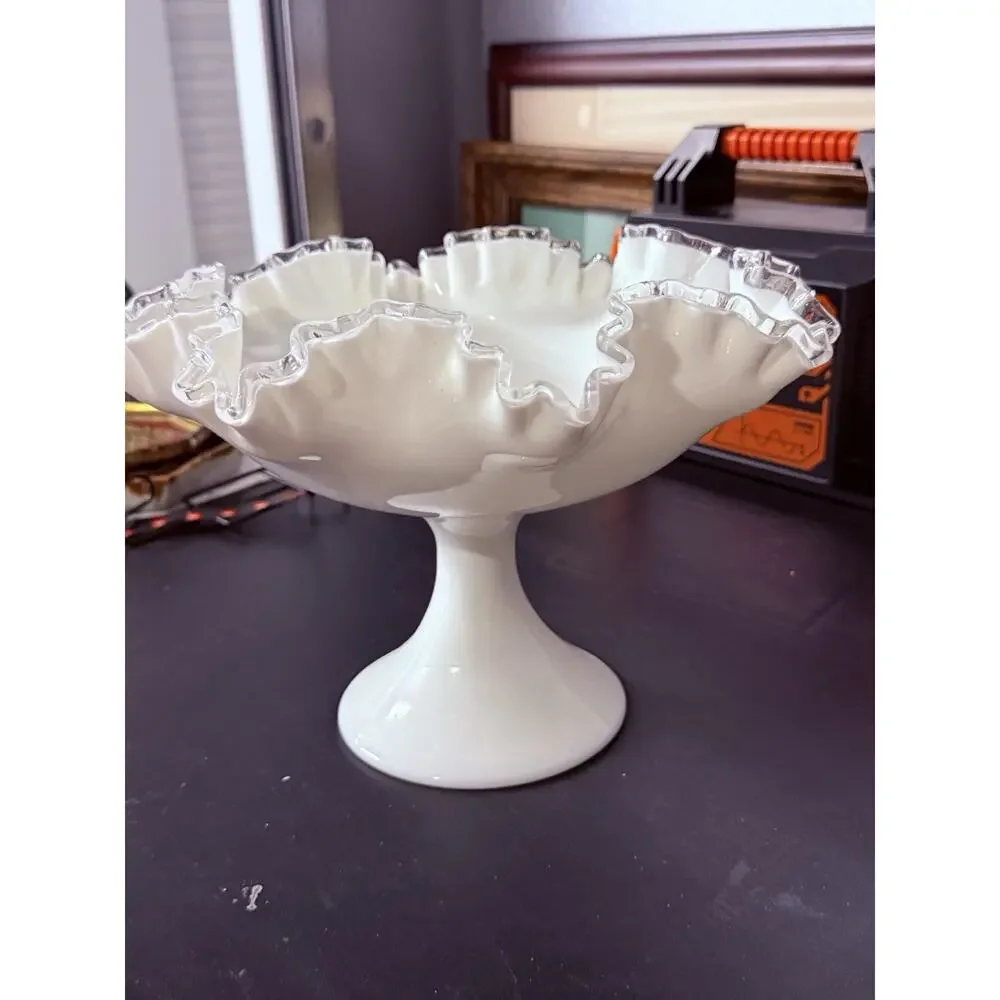 Fenton Silver Crest Milk Glass Pedestal Compote Bowl Ruffled Edge Vintage