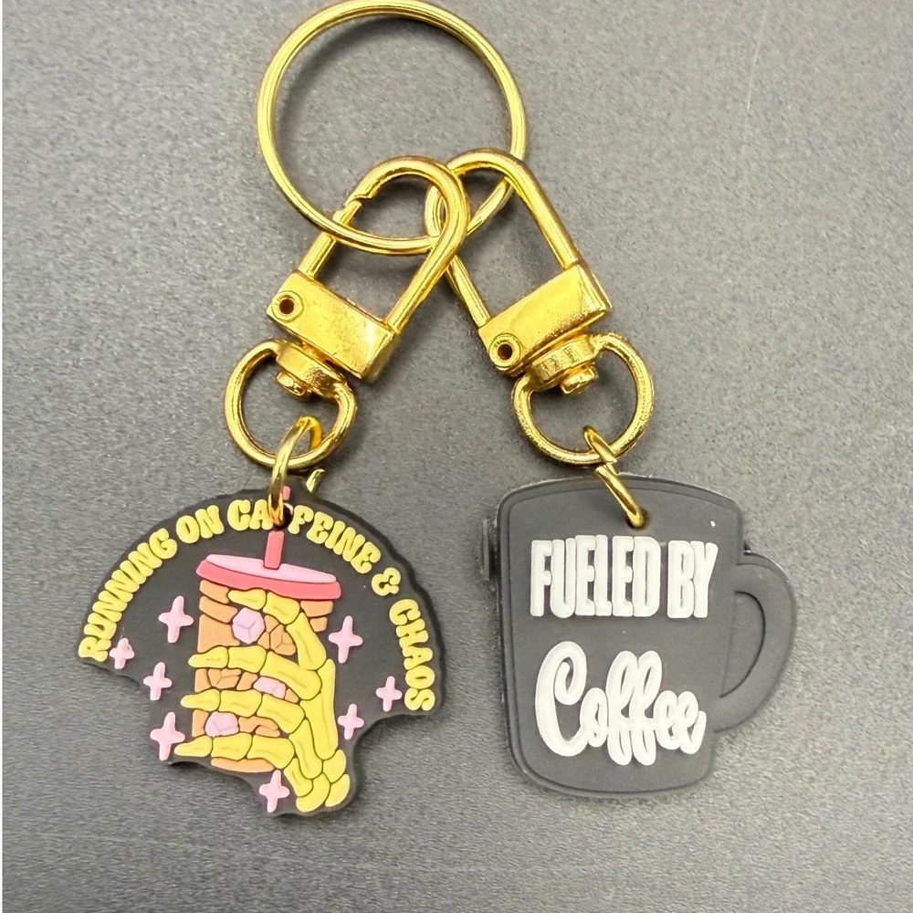 Funny Skeleton Hand Coffee Cup Caffeine Chaos Keychain Set‎ Gold Tone