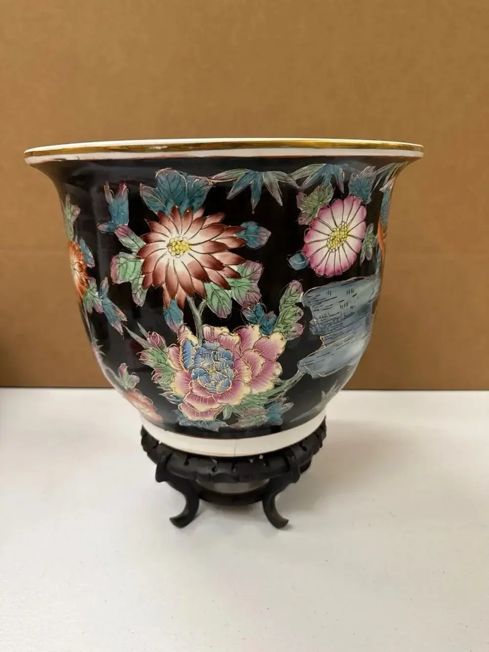 Vintage Chinese Enamel Famille Rose Koi Planter Cachepot Flowers Black Flowers