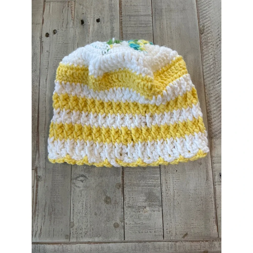 Handmade Crochet Striped‎ Beanie Yellow White Floral Accent Winter Hat Womens