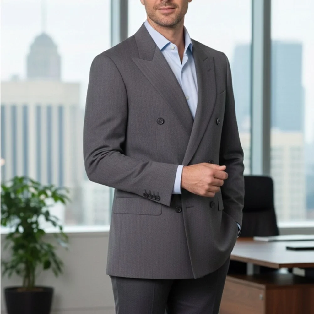 VTG DOUBLE BREASTED Yves Saint Laurent Mens 42R Gray Double Breasted Peak Blazer