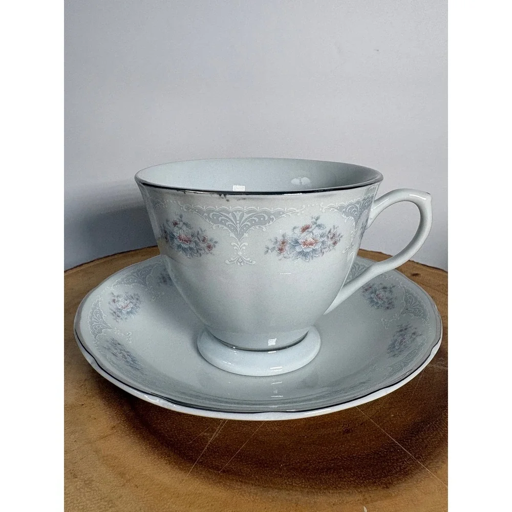 Vintage‎ Porcelain Tea Cup and Saucer Set Blue Floral Silver Rim Made in China